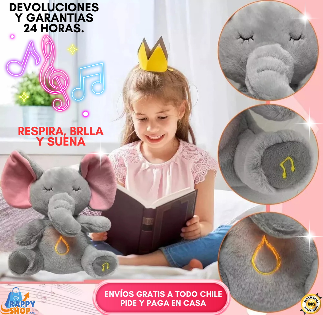 PELUCHE ELEFANTE ANTIESTRÉS: RESPIRA, BRILLA, SUENA.